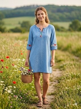 The Pioneer Woman Light Blue Embroidered Chambray Tunic Dress